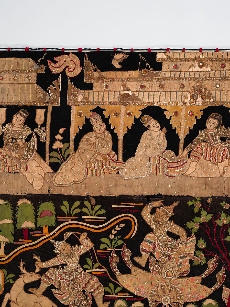 Scenes from the Thiri Rama, the Burmese adaptation of the Ramayana, U Paw Hnyun (Burmese, second half 19th century), Pictorial textile hanging (kalaga); appliqué and embroidery on velvet with applied sequins, glass seed pearls, gold-gilt and silver-gilt metal thread, Myanmar (Burma), Yangon or Mandalay