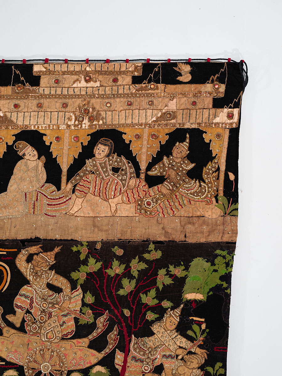 Scenes from the Thiri Rama, the Burmese adaptation of the Ramayana, U Paw Hnyun (Burmese, second half 19th century), Pictorial textile hanging (kalaga); appliqué and embroidery on velvet with applied sequins, glass seed pearls, gold-gilt and silver-gilt metal thread, Myanmar (Burma), Yangon or Mandalay