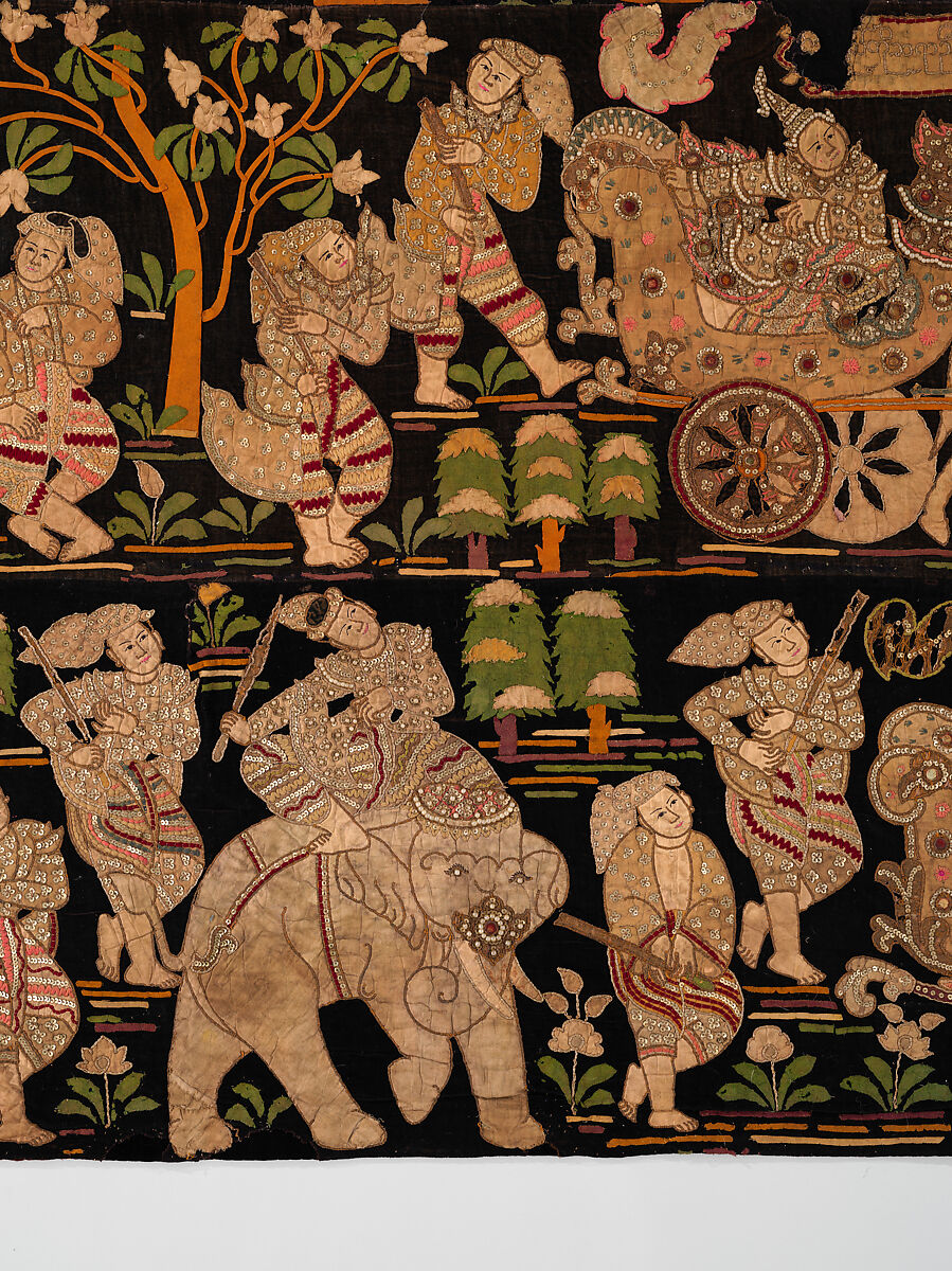Scenes from the Thiri Rama, the Burmese adaptation of the Ramayana, U Paw Hnyun (Burmese, second half 19th century), Pictorial textile hanging (kalaga); appliqué and embroidery on velvet with applied sequins, glass seed pearls, gold-gilt and silver-gilt metal thread, Myanmar (Burma), Yangon or Mandalay