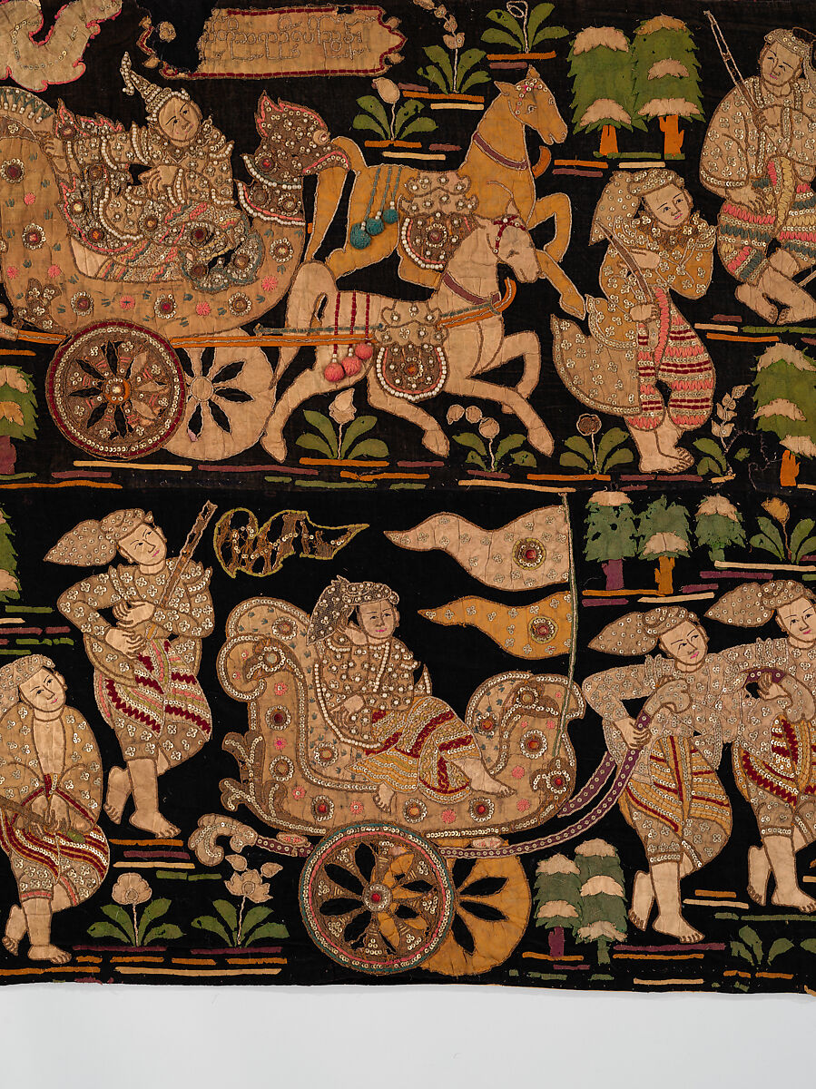 Scenes from the Thiri Rama, the Burmese adaptation of the Ramayana, U Paw Hnyun (Burmese, second half 19th century), Pictorial textile hanging (kalaga); appliqué and embroidery on velvet with applied sequins, glass seed pearls, gold-gilt and silver-gilt metal thread, Myanmar (Burma), Yangon or Mandalay