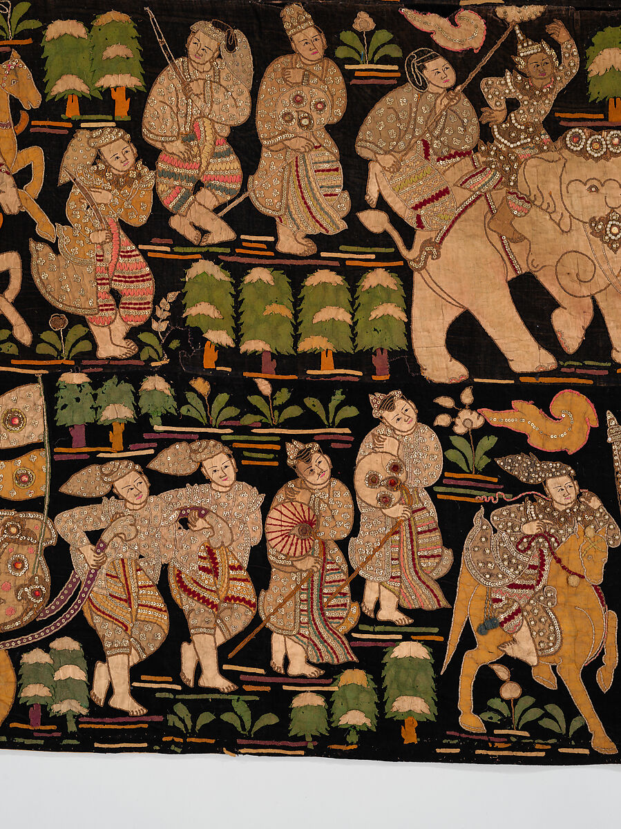 Scenes from the Thiri Rama, the Burmese adaptation of the Ramayana, U Paw Hnyun (Burmese, second half 19th century), Pictorial textile hanging (kalaga); appliqué and embroidery on velvet with applied sequins, glass seed pearls, gold-gilt and silver-gilt metal thread, Myanmar (Burma), Yangon or Mandalay