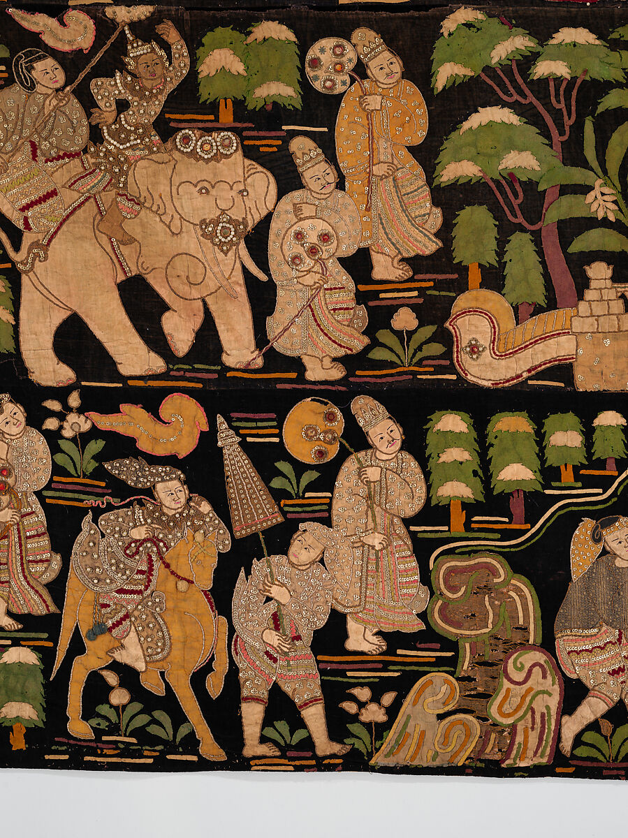 Scenes from the Thiri Rama, the Burmese adaptation of the Ramayana, U Paw Hnyun (Burmese, second half 19th century), Pictorial textile hanging (kalaga); appliqué and embroidery on velvet with applied sequins, glass seed pearls, gold-gilt and silver-gilt metal thread, Myanmar (Burma), Yangon or Mandalay