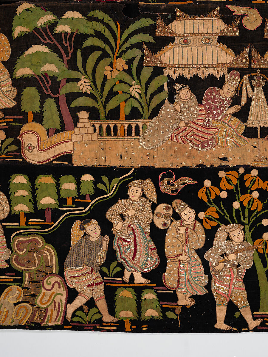 Scenes from the Thiri Rama, the Burmese adaptation of the Ramayana, U Paw Hnyun (Burmese, second half 19th century), Pictorial textile hanging (kalaga); appliqué and embroidery on velvet with applied sequins, glass seed pearls, gold-gilt and silver-gilt metal thread, Myanmar (Burma), Yangon or Mandalay