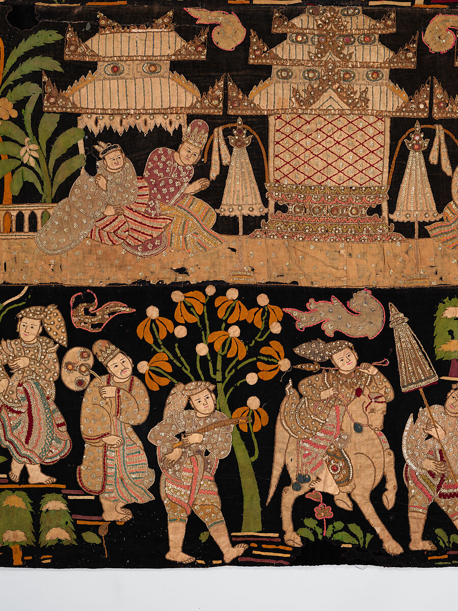 Scenes from the Thiri Rama, the Burmese adaptation of the Ramayana, U Paw Hnyun (Burmese, second half 19th century), Pictorial textile hanging (kalaga); appliqué and embroidery on velvet with applied sequins, glass seed pearls, gold-gilt and silver-gilt metal thread, Myanmar (Burma), Yangon or Mandalay