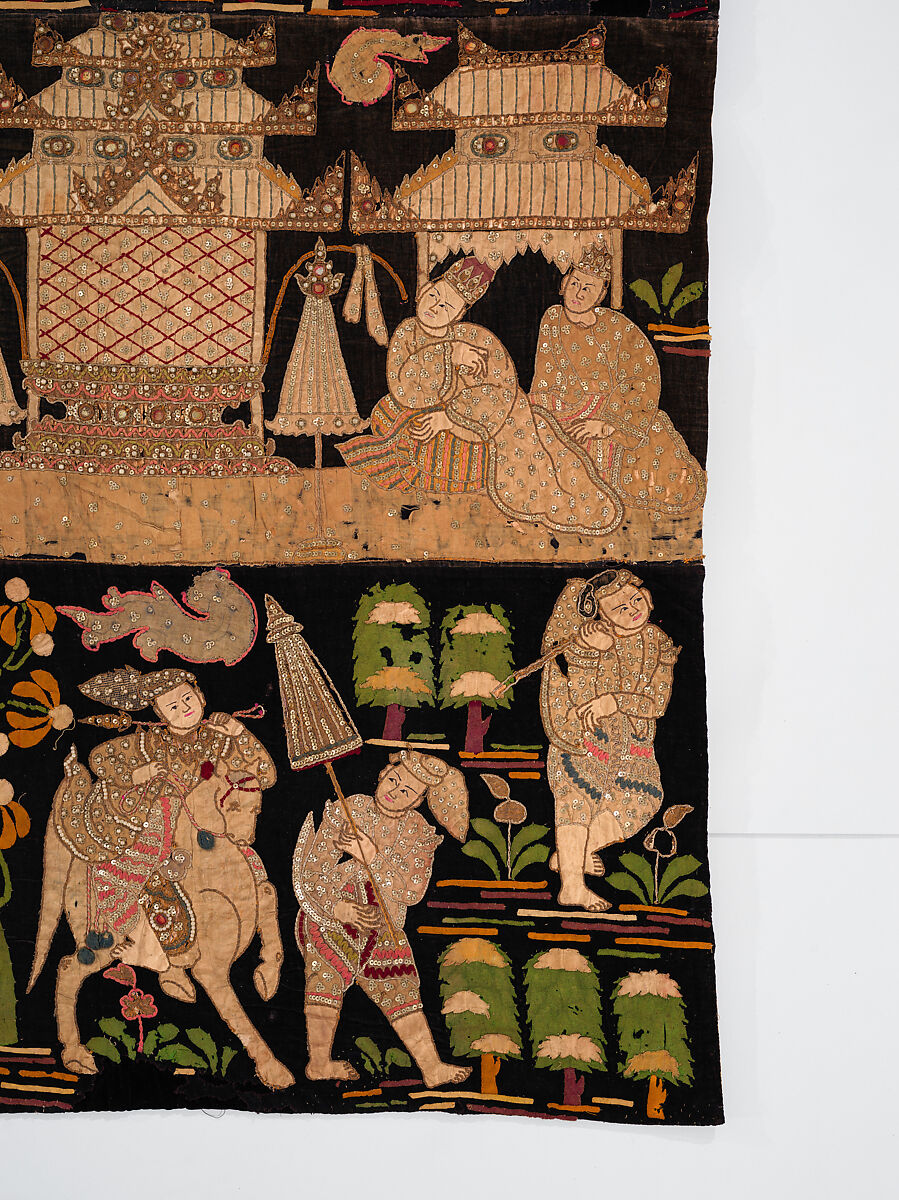 Scenes from the Thiri Rama, the Burmese adaptation of the Ramayana, U Paw Hnyun (Burmese, second half 19th century), Pictorial textile hanging (kalaga); appliqué and embroidery on velvet with applied sequins, glass seed pearls, gold-gilt and silver-gilt metal thread, Myanmar (Burma), Yangon or Mandalay