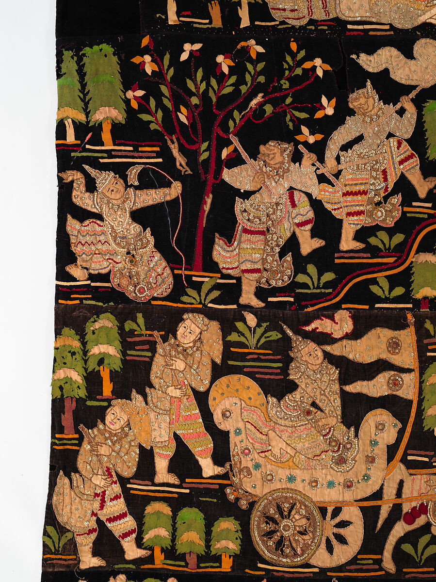 Scenes from the Thiri Rama, the Burmese adaptation of the Ramayana, U Paw Hnyun (Burmese, second half 19th century), Pictorial textile hanging (kalaga); appliqué and embroidery on velvet with applied sequins, glass seed pearls, gold-gilt and silver-gilt metal thread, Myanmar (Burma), Yangon or Mandalay