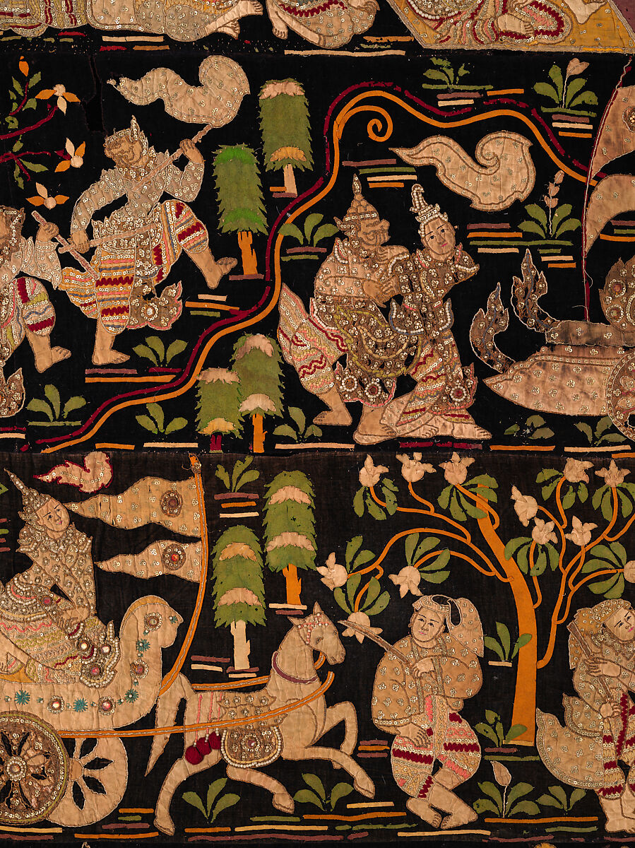 Scenes from the Thiri Rama, the Burmese adaptation of the Ramayana, U Paw Hnyun (Burmese, second half 19th century), Pictorial textile hanging (kalaga); appliqué and embroidery on velvet with applied sequins, glass seed pearls, gold-gilt and silver-gilt metal thread, Myanmar (Burma), Yangon or Mandalay