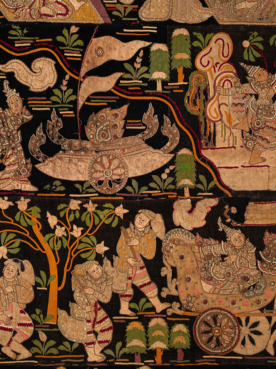 Scenes from the Thiri Rama, the Burmese adaptation of the Ramayana, U Paw Hnyun (Burmese, second half 19th century), Pictorial textile hanging (kalaga); appliqué and embroidery on velvet with applied sequins, glass seed pearls, gold-gilt and silver-gilt metal thread, Myanmar (Burma), Yangon or Mandalay