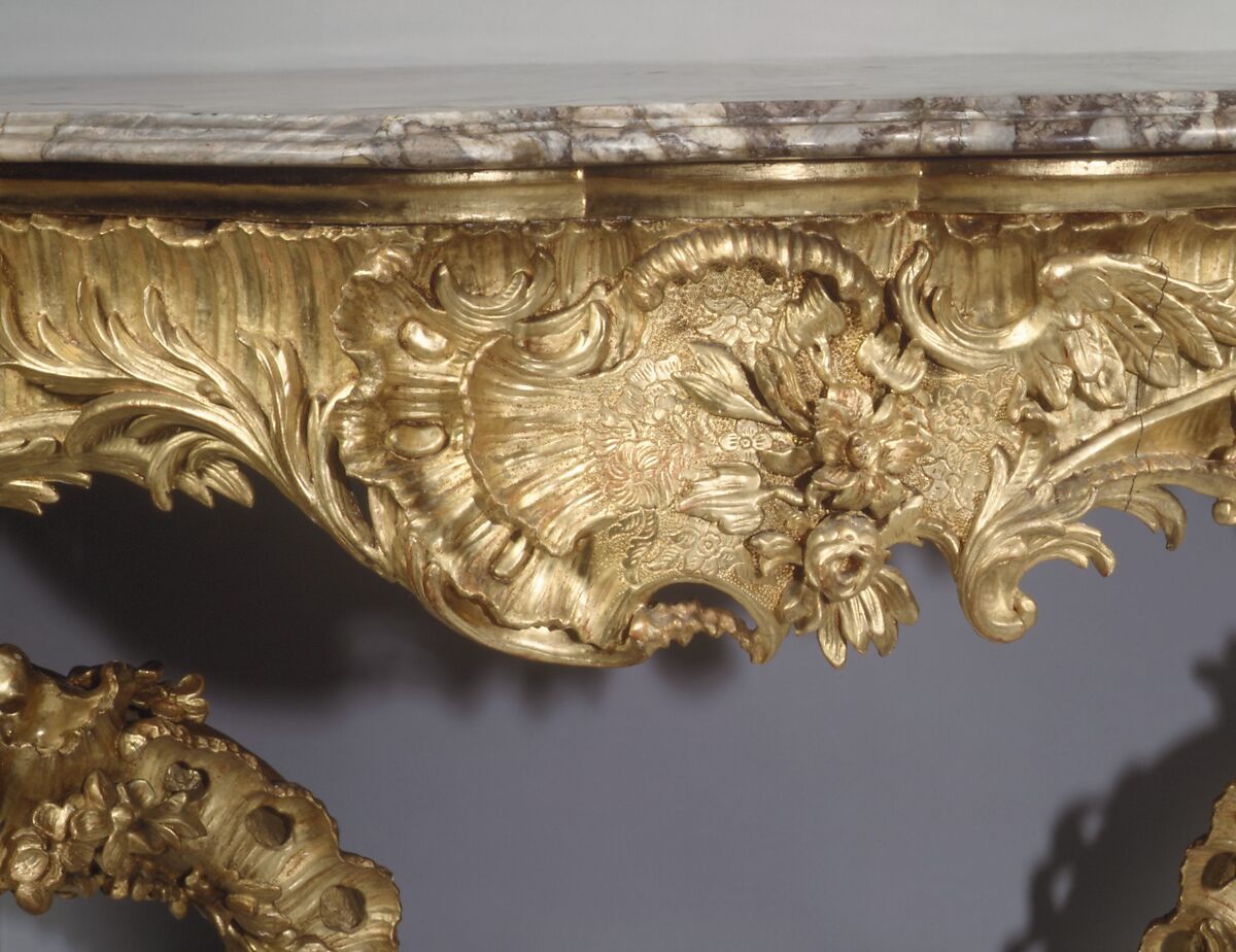 Console table (one of a pair), Carved and gilded limewood; marble top, German