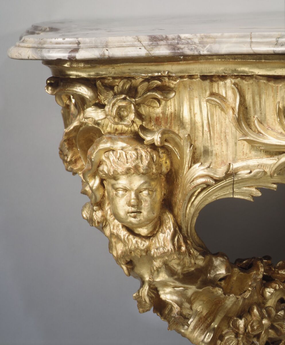 Console table (one of a pair), Carved and gilded limewood; marble top, German