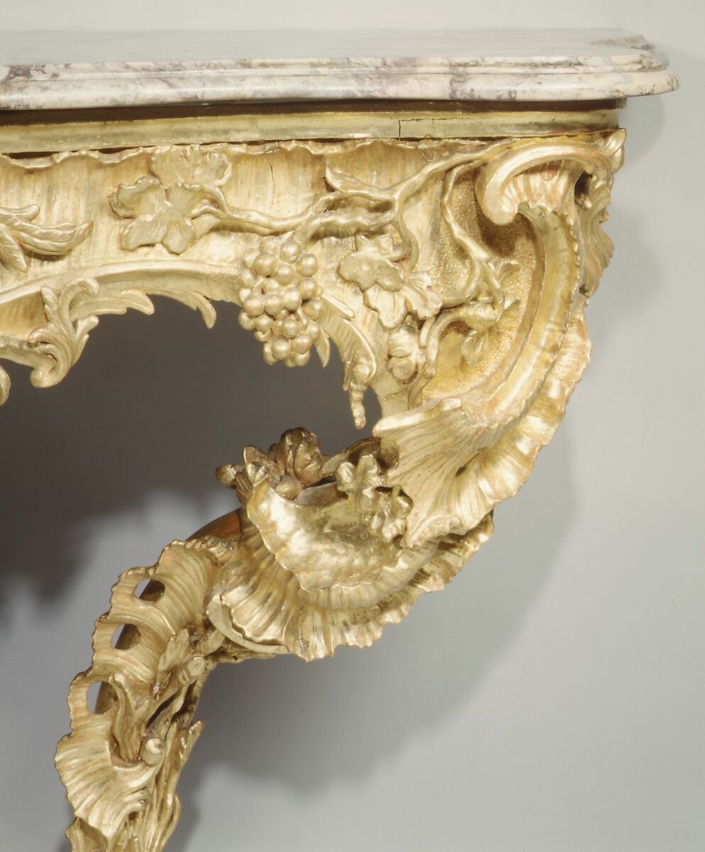 Console table (one of a pair), Carved and gilded limewood; marble top, German