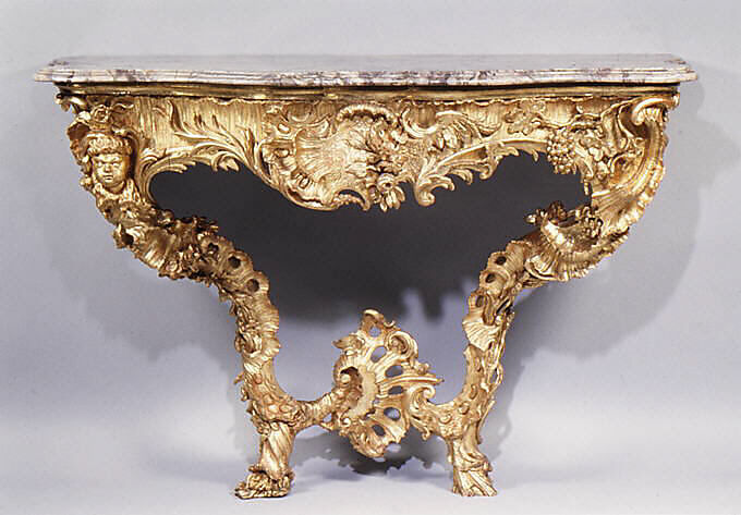 Console table (one of a pair), Carved and gilded limewood; marble top, German