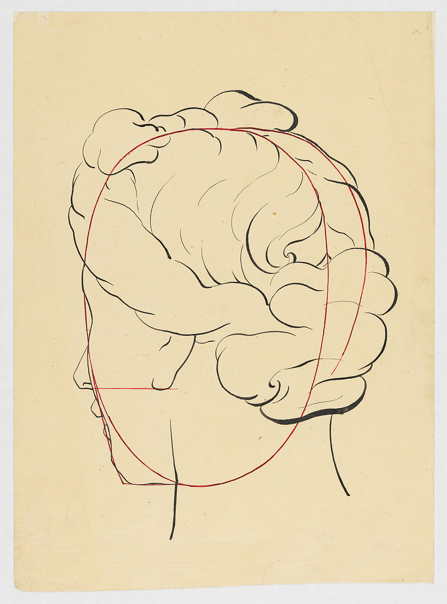 Schematic female head, seen from behind, Anonymous, 18th century (?), Pen and black and red ink on tracing paper 