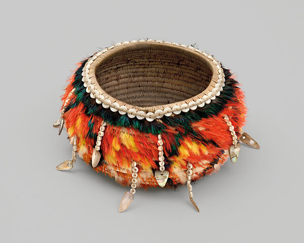Fully feathered three-rod coiled basket, Ethel Jamison Bogus  Elem Pomo (Lake County, California), Willow shoot foundation, sedge root weft, feathers (mallard, acorn woodpecker, western meadowlark), clamshell disk beads, abalone pendants, and cotton string, Elem Pomo (Lake County, California)