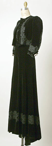 Evening ensemble, Attributed to Elsa Schiaparelli (Italian, 1890–1973), (a,b) silk, cotton
(c) silk, cotton, metal
(d) metal, glass, French 