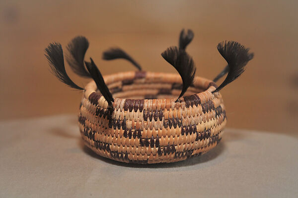 Miniature three-rod coiled basket, Clint McKay  Dry Creek Pomo/Wappo/Wintun (Sonoma County, California), Willow shoot foundation, sedge root weft, dyed bulrush root weft, redbud shoot weft, and feathers (California valley quail topknots), Dry Creek Pomo/Wappo/Wintun (Sonoma County, California)