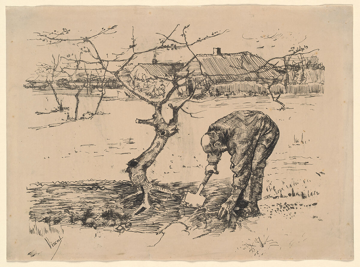 Gardener by an Apple Tree, Vincent van Gogh  Dutch, Transfer lithograph with pen and ink