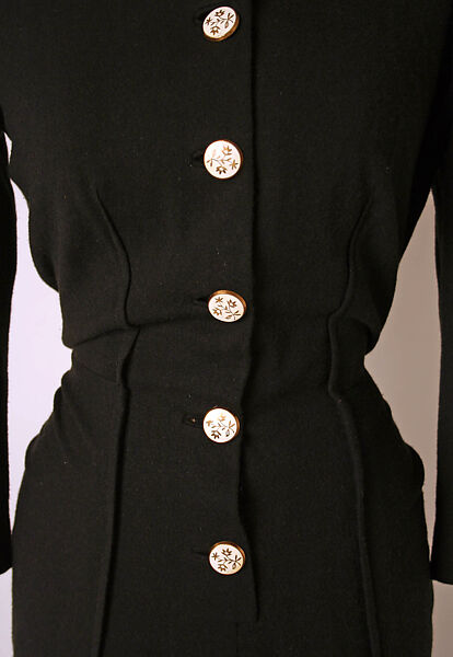 Dinner dress, Elsa Schiaparelli (Italian, 1890–1973), wool, porcelain, metal, French