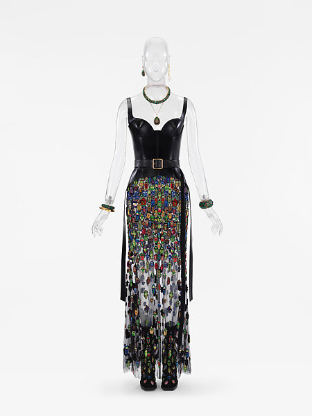 Ensemble, Alexander McQueen (British, founded 1992), (a) leather, (b) leather, (c) nylon, viscose, polyester, plastic, glass, metal, silk, (c) brass, glass, pearl, (d, e) brass, glass, (f) brass, glass, (g) brass, glass, (h) brass, glass, (i) brass,  (j) brass, glass, (k, l) nylon, elastane, British