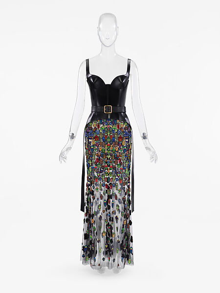 Ensemble, Alexander McQueen (British, founded 1992), (a) leather, (b) leather, (c) nylon, viscose, polyester, plastic, glass, metal, silk, (c) brass, glass, pearl, (d, e) brass, glass, (f) brass, glass, (g) brass, glass, (h) brass, glass, (i) brass,  (j) brass, glass, (k, l) nylon, elastane, British