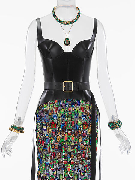Ensemble, Alexander McQueen (British, founded 1992), (a) leather, (b) leather, (c) nylon, viscose, polyester, plastic, glass, metal, silk, (c) brass, glass, pearl, (d, e) brass, glass, (f) brass, glass, (g) brass, glass, (h) brass, glass, (i) brass,  (j) brass, glass, (k, l) nylon, elastane, British