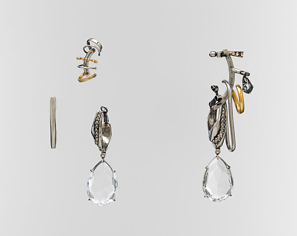 Ensemble, Alexander McQueen (British, founded 1992), (a) silk, (b) leather, metal, (c) brass, (d) brass, (e) brass, glass, (f) brass, glass, (g, h) leather, (i) metal, (j) metal, glass, British