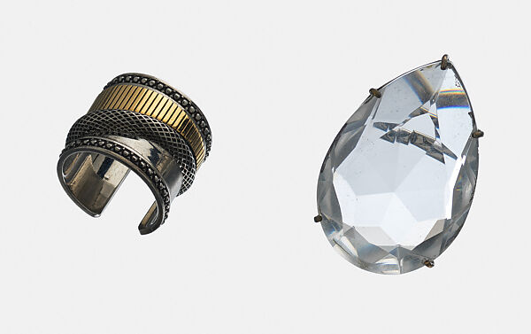 Ensemble, Alexander McQueen (British, founded 1992), (a) silk, (b) leather, metal, (c) brass, (d) brass, (e) brass, glass, (f) brass, glass, (g, h) leather, (i) metal, (j) metal, glass, British