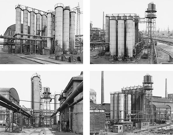 [Benzene Purifier with Elevated Oil Tank, 4 Views, Zeche Concordia, Oberhausen, Ruhr Region, Germany], Bernd and Hilla Becher (German, active 1959–2007), Gelatin silver prints 