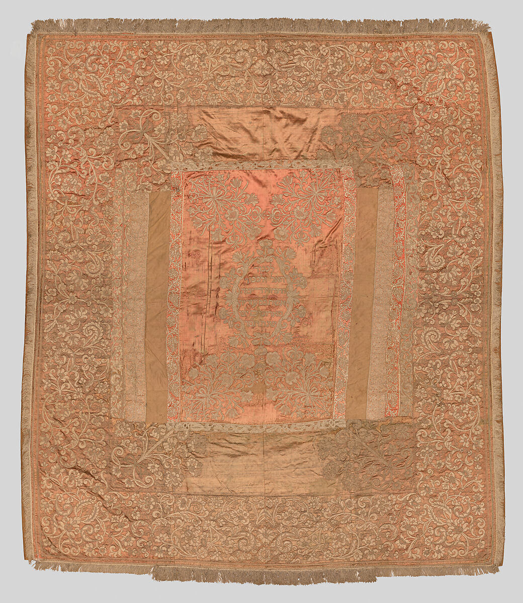 Torah Ark Curtain, Cotton embroidery appliquéd on satin ground, reticella needle lace and milanese bobbin lace, Italian, Mantua 