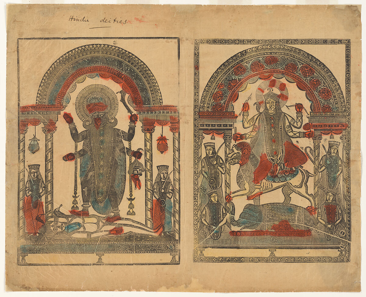 The goddesses Kali and Jagadhatri, Sri Hemchandra Das, Relief prints from metal plates, printed in black and hand-colored with red and turquoise watercolor., West Bengal, Calcutta, Kalighat 
