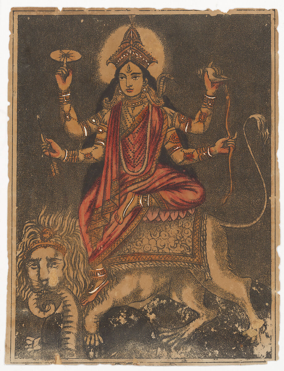 Goddess Jagadhatri, Lithograph printed in black, hand-colored with crimson, yellow, and grey watercolor and white gouache, West Bengal, Calcutta 
