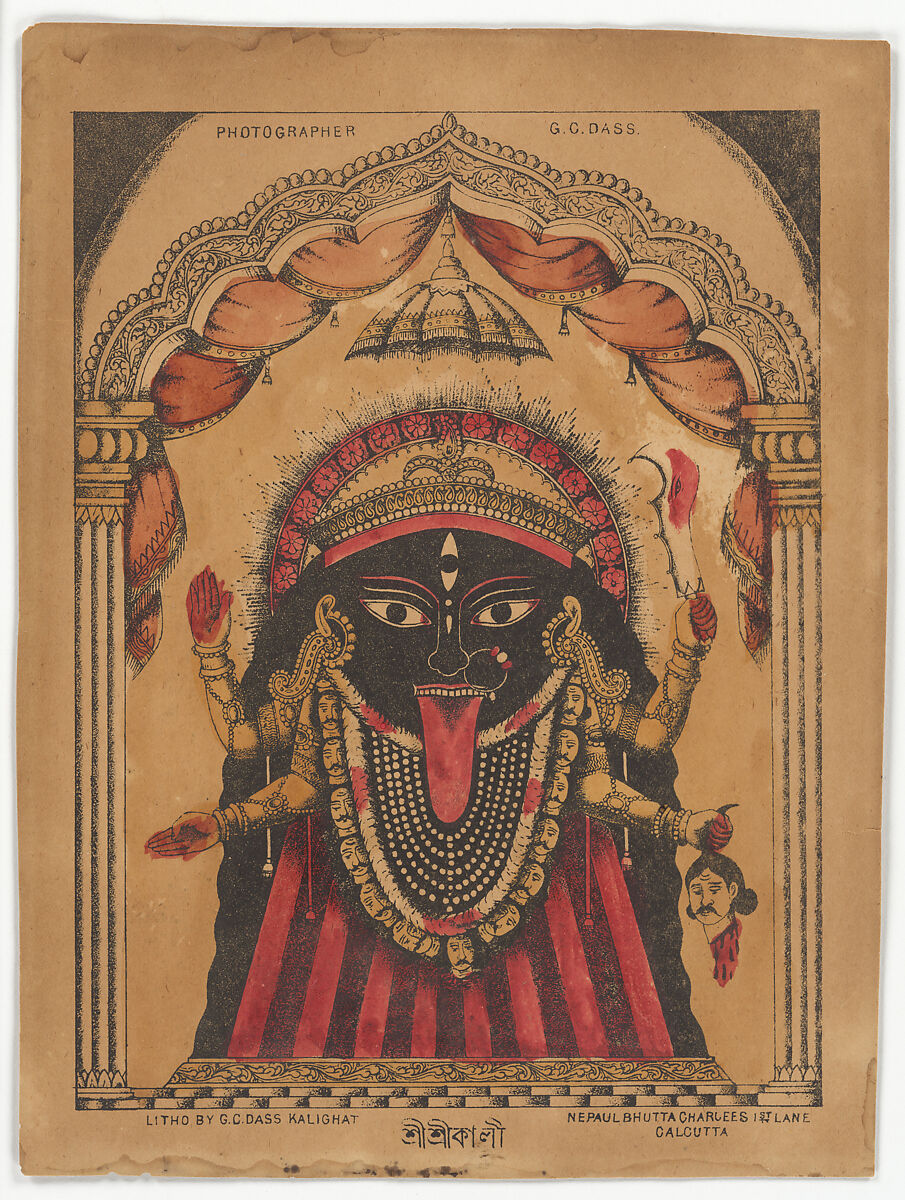Sri Sri Kali (recto); Kali (verso), G. C. Dass (recto), Recto: lithograph, printed in black and hand-colored in red, crimson, and yellow watercolor, selectively applied glaze. Verso: lithograph, printed in black, West Bengal, Calcutta 