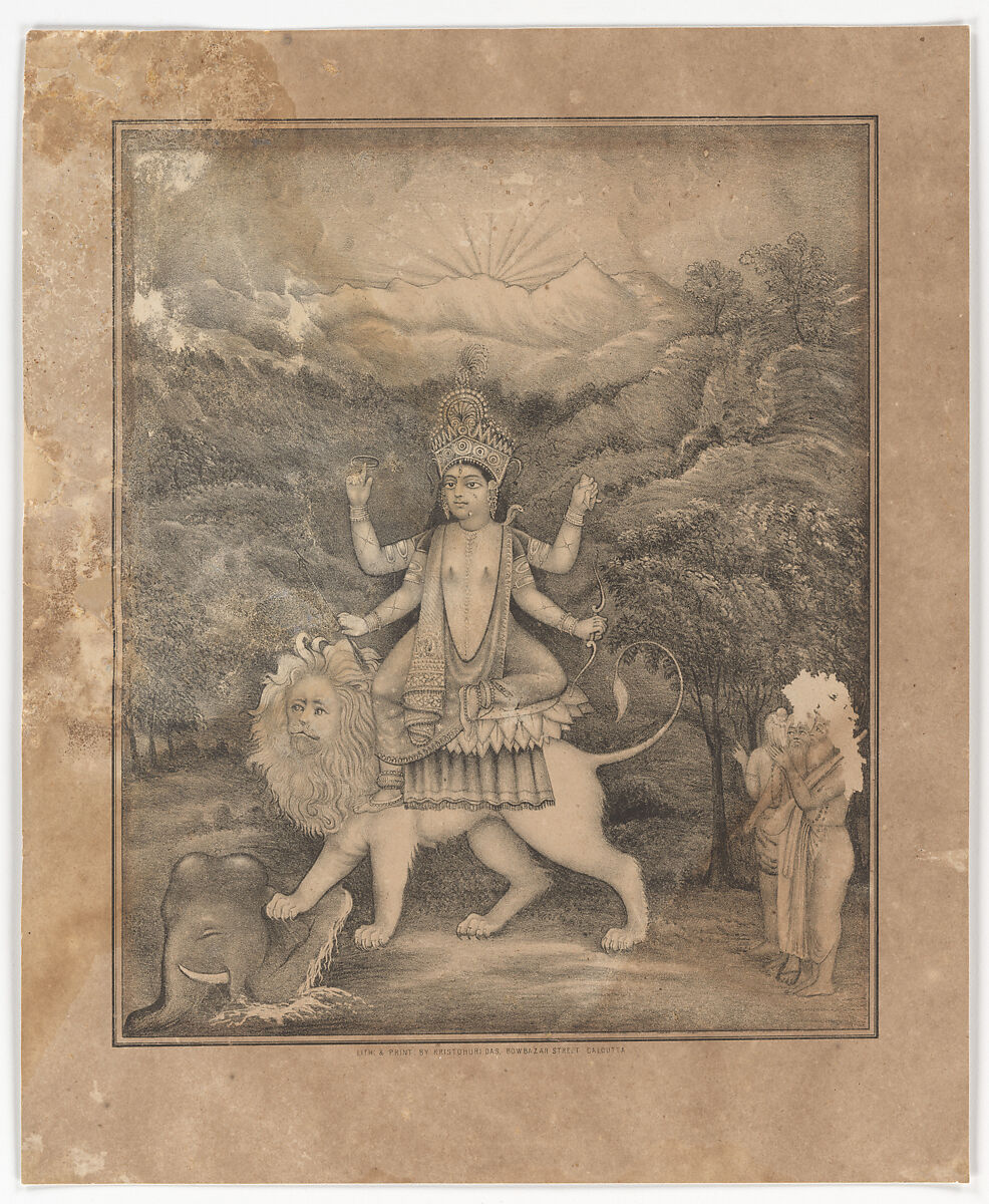 Goddess Jagadhatri, Krishnahari Das, Lithograph, printed in black, West Bengal, Calcutta 