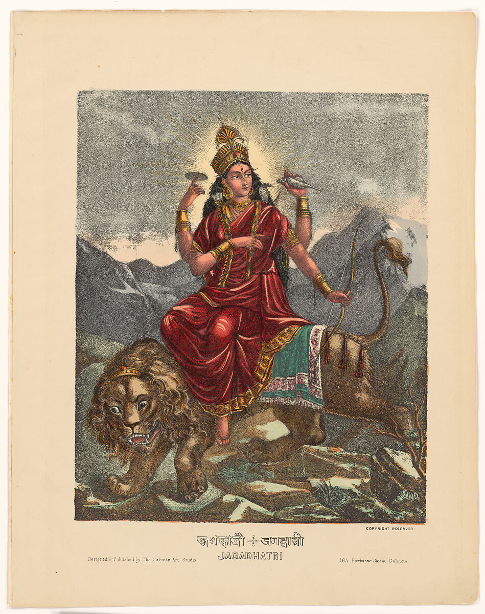Goddess Jagadhatri, Lithograph, printed in black and hand-coloring with watercolor and selectively applied glaze, West Bengal, Calcutta 