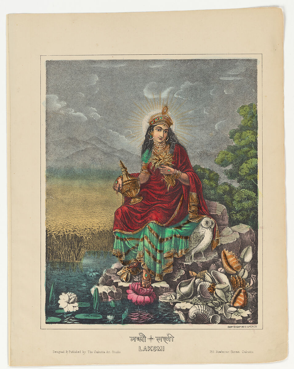Goddess Laksmi, Lithograph, printed in black and hand-coloring with watercolor and selectively applied glaze, West Bengal, Calcutta 