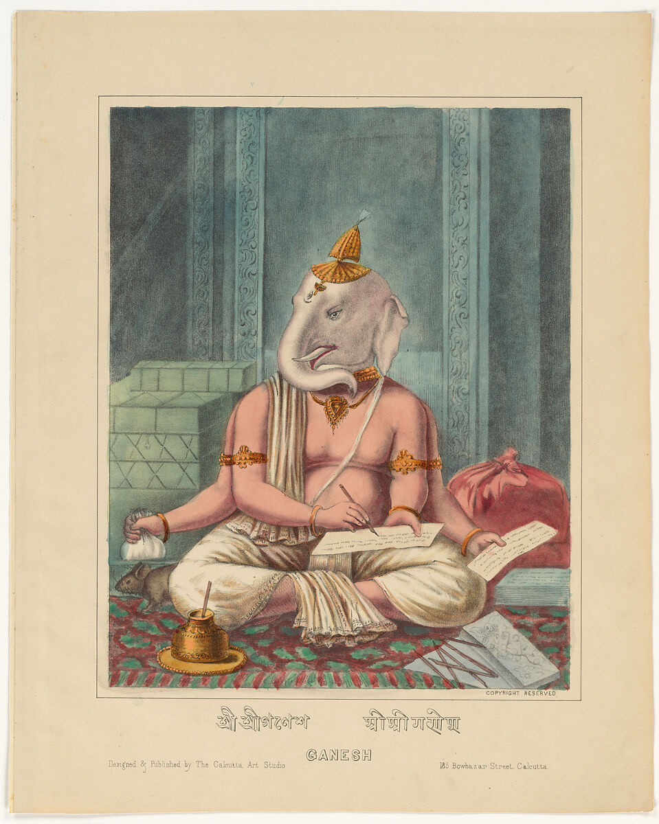 Ganesha, Lithograph, printed in black and hand-coloring with watercolor and selectively applied glaze, West Bengal, Calcutta 