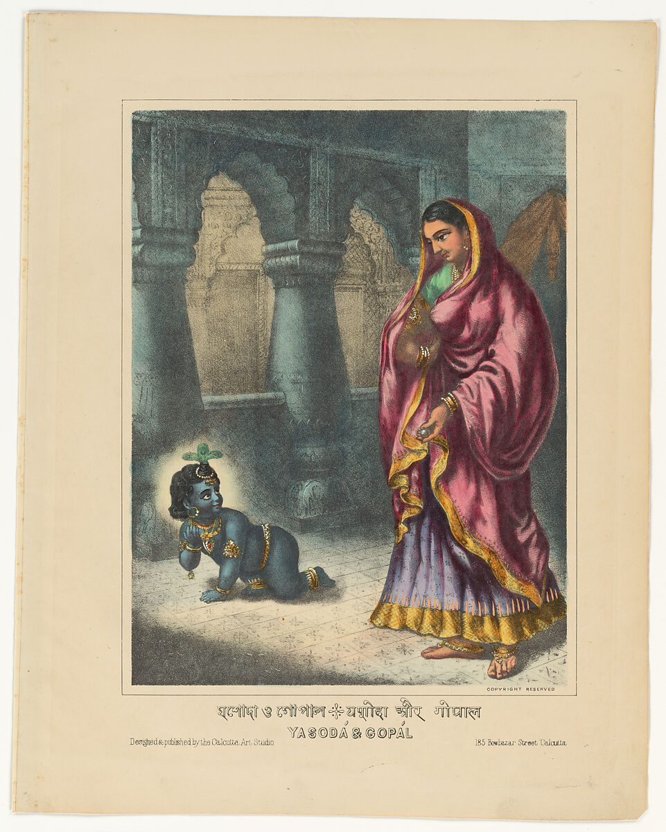 Yashoda and Gopal, Lithograph, printed in black and hand-coloring with watercolor and selectively applied glaze, West Bengal, Calcutta 