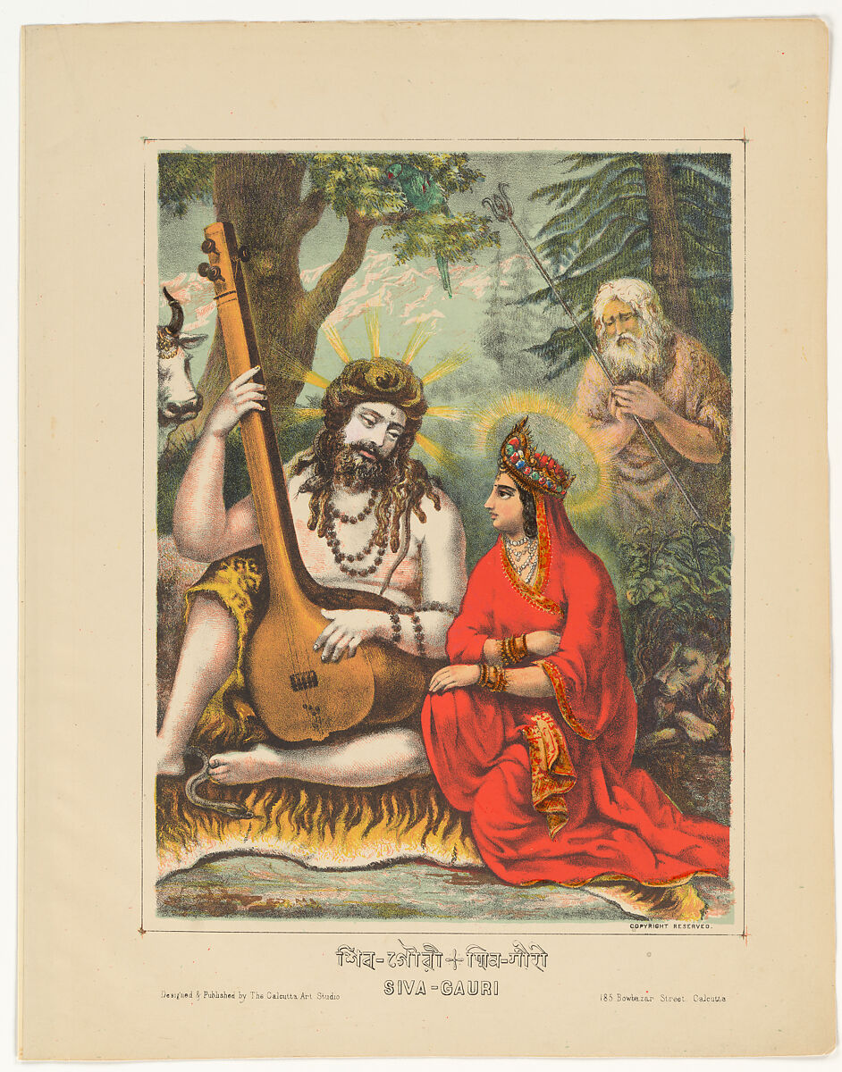 Shiva-Gauri, Lithograph, printed in black and hand-coloring with watercolor and selectively applied glaze, West Bengal, Calcutta 
