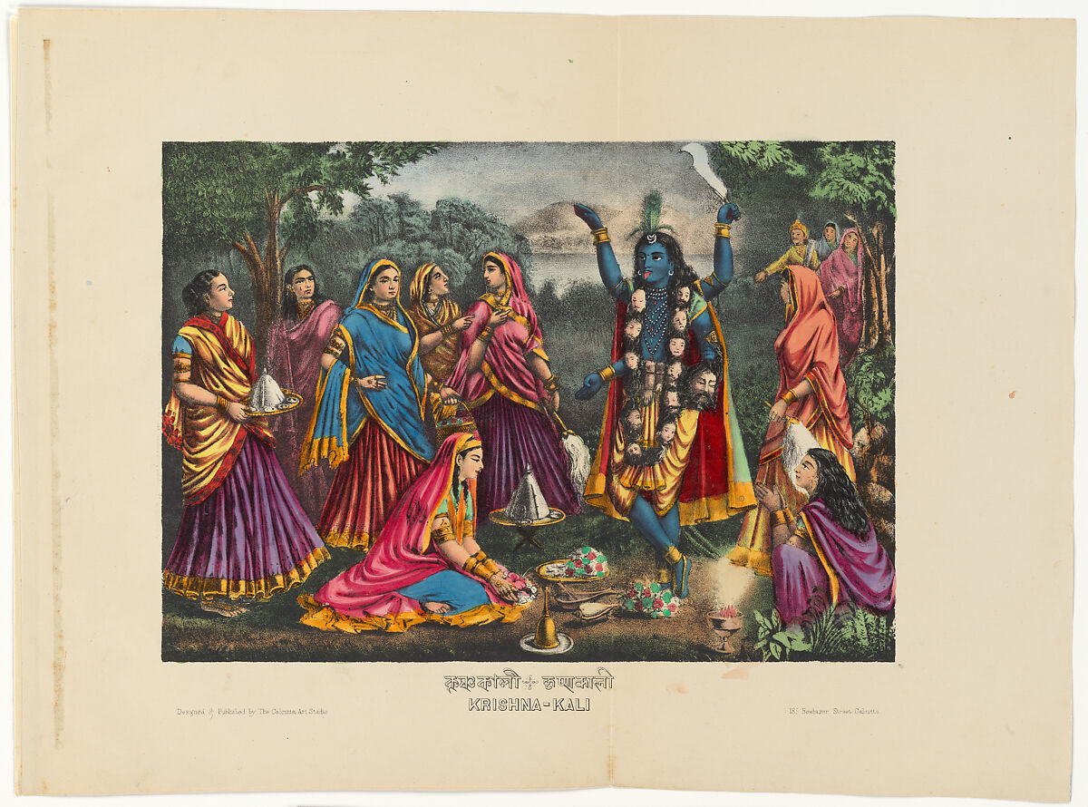 Krishna-Kali, Lithograph, printed in black and hand-coloring with watercolor and selectively applied glaze, West Bengal, Calcutta 