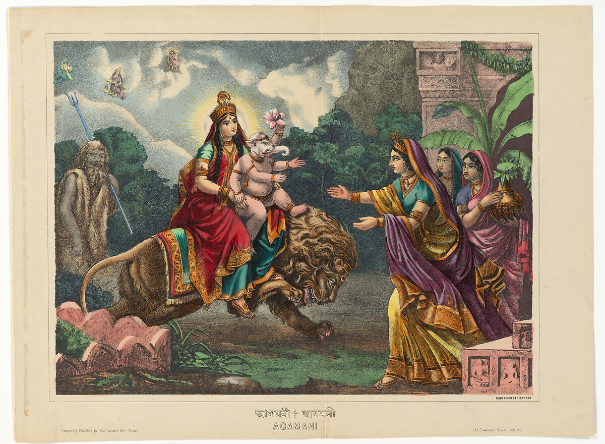 Agamani, Lithograph, printed in black and hand-coloring with watercolor and selectively applied glaze, West Bengal, Calcutta 