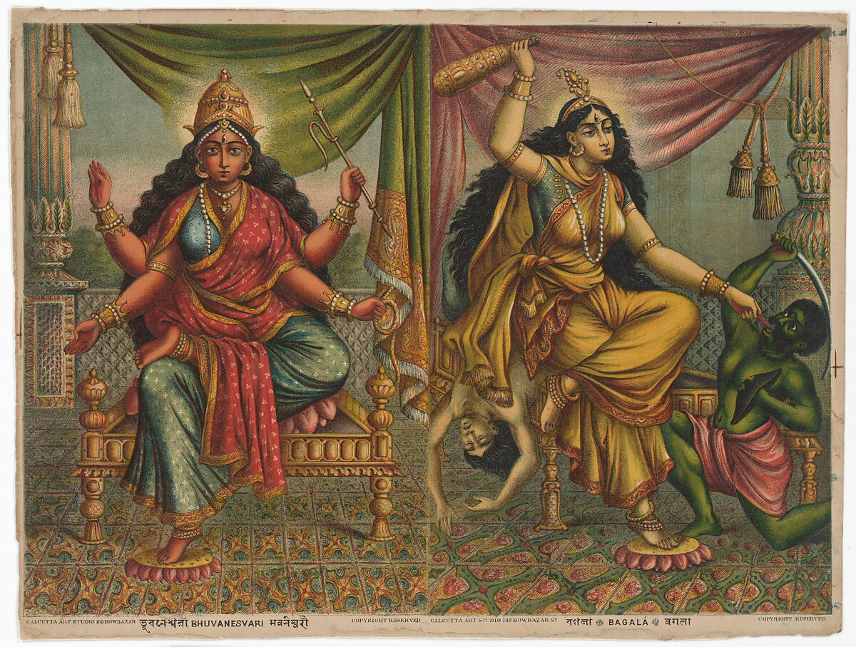 Goddesses Bhuvanesvari and Bagala, Color lithograph, West Bengal, Calcutta 