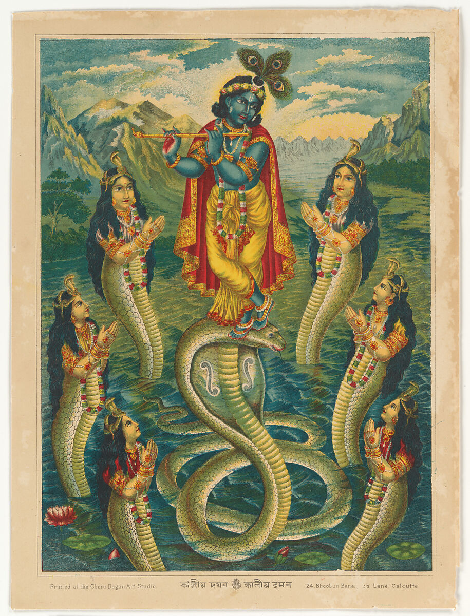 Krishna subduing Kaliya, Color lithograph, West Bengal, Calcutta 