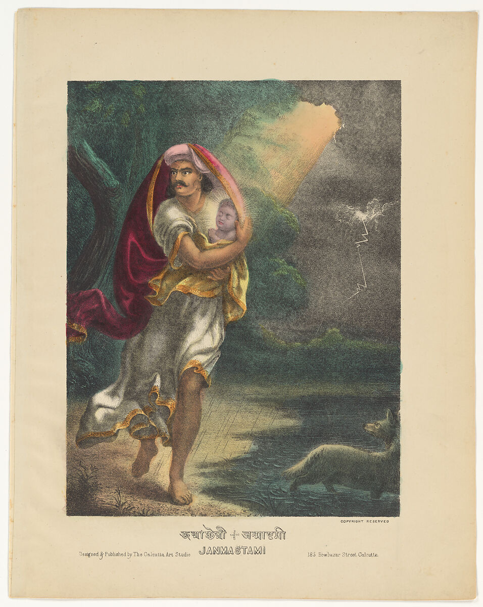 Janmastami celebrating the birth of Krishna, Calcutta Art Studio, Lithograph printed in black and hand-colored with watercolor, selectively applied glaze, West Bengal, Calcutta 