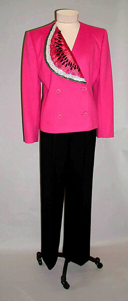 Evening ensemble, Bill Blass Ltd. (American, founded 1970), (a,b) wool, plastic
(c,d) leather
(e) synthetic pearls
(f,g) silk, leather
(h,i) plastic, glass, American 