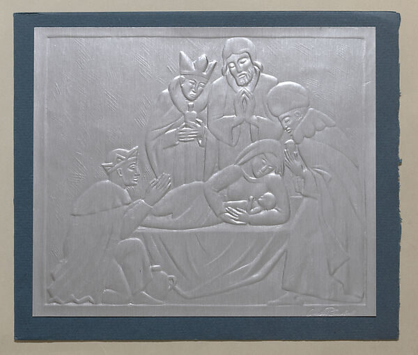 Christmas Card with Nativity scene, Arnold H. Ronnebeck (American (born German), Nassua 1885–1947 Denver, Colorado), Embossed metallic silver paper adhered to blue paper 