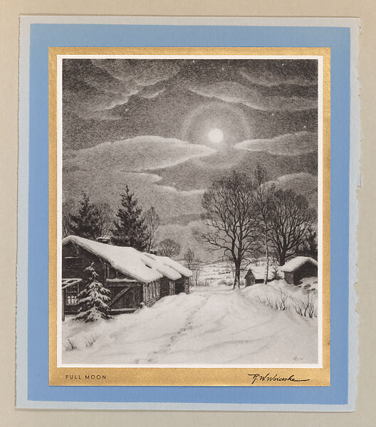 Christmas Card (Full Moon), Ronau William Woiceske (American, 1887–1953), Lithograph on white paper adhered to gold metallic paper adhered to blue and gray paper 