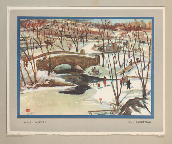 Christmas Card (Park In Winter), Ann Brockman (American, Alameda, California 1898–1948 New York), Color lithograph on white paper adhered to blue metallic paper adhered to gray and white paper 