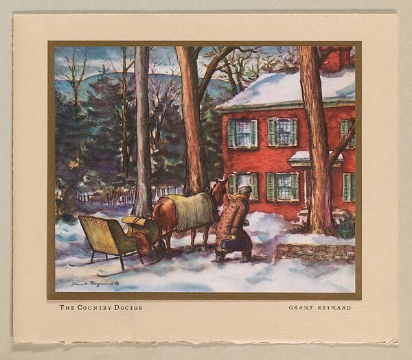 Christmas Card (The Country Doctor), Grant Tyson Reynard (American, Grand Island, Nebraska 1887–1968 New York), Color lithograph on white paper adhered to gold metallic paper adhered to white paper 