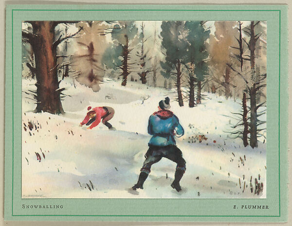 Christmas Card (Snowballing), Elmer Plummer (American, 1910–1986), Color lithograph on white paper adhered to green paper 