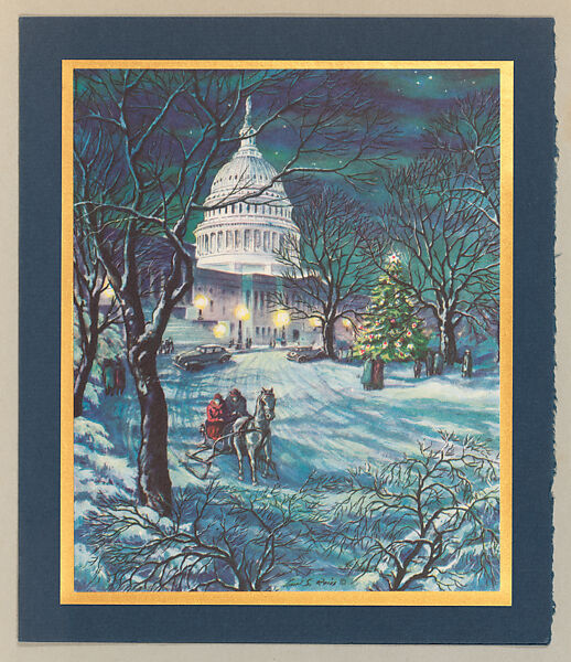 Christmas Card (The Capitol), Lionel S. Reiss (American, 1894–1986), Lithograph on white paper adhered to metallic gold paper adhered to blue paper 